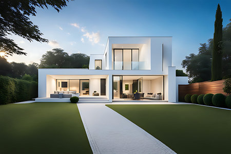 Modern luxury private house on a sunny day with blue sky and clouds.の素材