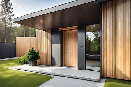 Modern main entrance door. Japanese minimalist style exterior of villa in forest.の素材
