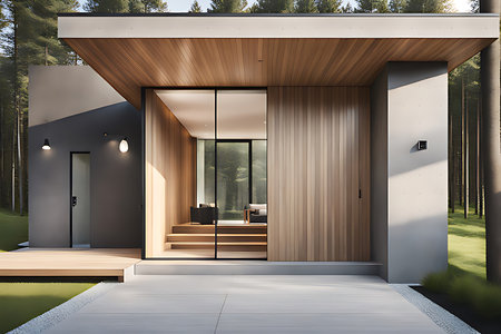 Modern main entrance door. Japanese minimalist style exterior of villa in forest.の素材