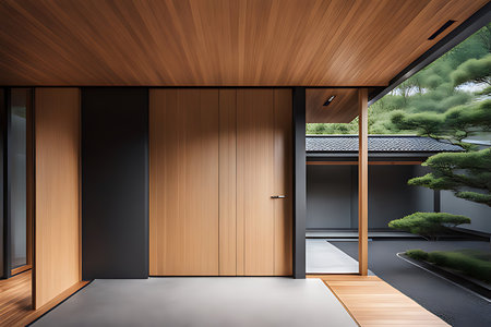 Modern main entrance door. Japanese minimalist style exterior of villa in forest.の素材