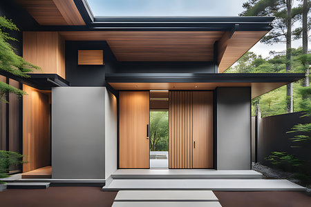 Modern main entrance door. Japanese minimalist style exterior of villa in forest.の素材