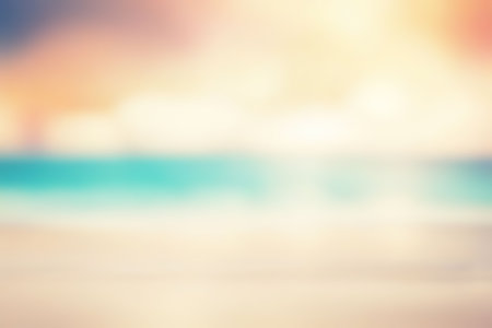 Beach blur background, Blurred summer beach with sunset sky and cloud abstract background.の素材