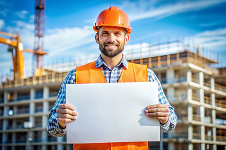 Portrait of a smiling male engineer holding a blank sheet of paper at a construction siteの素材