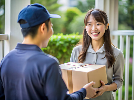 delivery man giving parcel to customer at home. asian chineseの素材