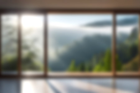 Blur modern livingroom with hill and soft sunlight at big window for background usage. blur interior...