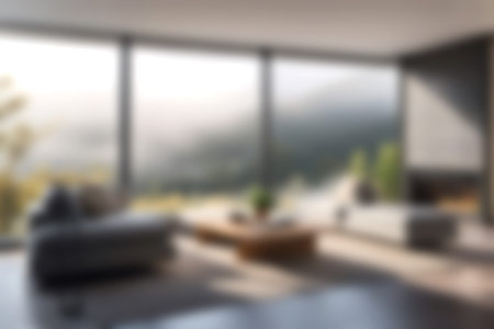 Blur modern livingroom with hill and soft sunlight at big window for background usage. blur interior...