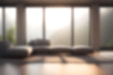 Blur modern livingroom with hill and soft sunlight at big window for background usage. blur interior...