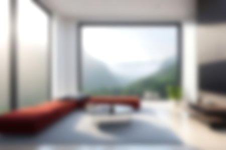 Blur modern livingroom with hill and soft sunlight at big window for background usage. blur interior background concept. white and bright tone. Business concept.の写真素材