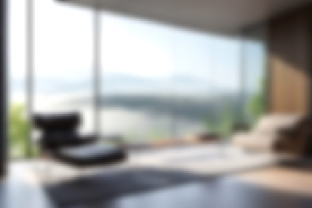 Blur modern livingroom with hill and soft sunlight at big window for background usage. blur interior background concept. white and bright tone. Business concept.の写真素材