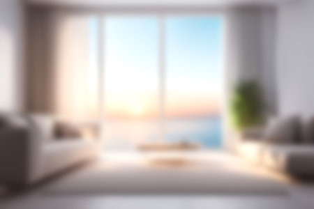 Blur modern livingroom with sea sky and soft sunlight at big window for background usage. blur interior background concept. white and bright tone. Business concept.の写真素材