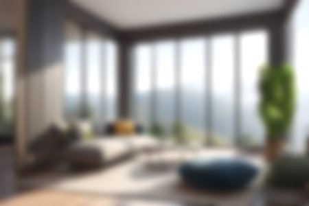 Blur modern livingroom with hill and soft sunlight at big window for background usage. blur interior...