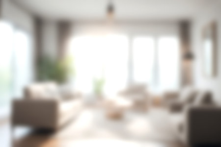 Blur modern livingroom at home with soft sunlight at big window for background usage. blur interior...