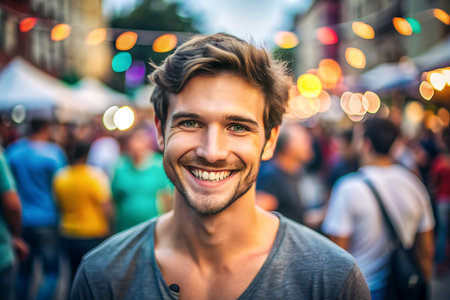 Portrait of a handsome young man smiling at the camera in the cityの素材