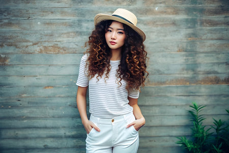 Portrait of a beautiful young woman with curly hair, wearing a straw hat and white t-shirt.の素材