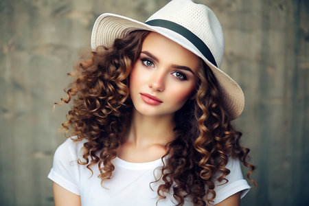 Portrait of a beautiful young woman with curly hair wearing hat.の素材