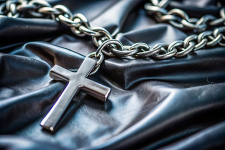 Metal chain and cross on black satin background. Christian symbol.の素材