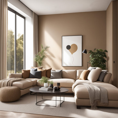 Modern contemporary living room tan wall,interior designの素材