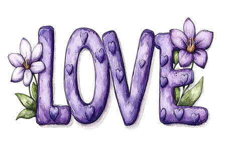 Hand drawn word love with purple flowers and leaves. Vector illustration.の素材