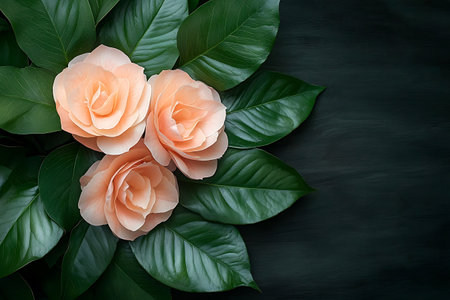 Camellia flowers with green leaves on blackboard background.の素材