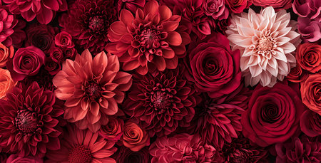 Floral background of many red and pink dahlia flowers.の素材