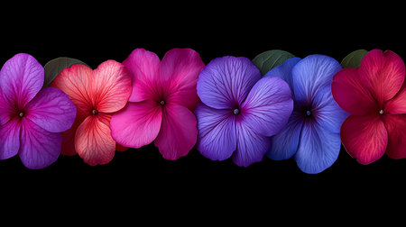 floral background with pink, blue and purple petunias isolated on blackの素材