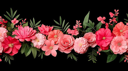Seamless border with pink flowers and green leaves on black backgroundの素材
