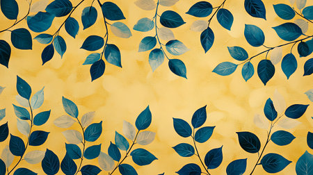 Blue leaves on yellow background with copy space. Floral frame.の素材