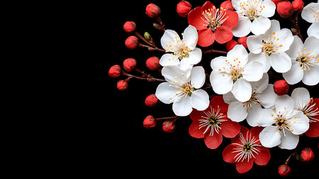 Flowering branch of cherry on a black background with space for textの素材