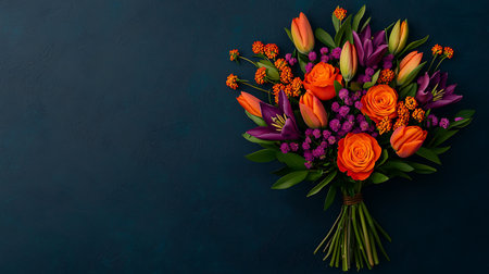 Bouquet of flowers on a blue background. Flat lay, top view.の素材