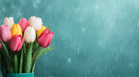 Bouquet of tulips in a vase under the rainの素材