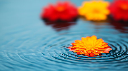 Colorful flowers and water drops on the surface of the water.の素材