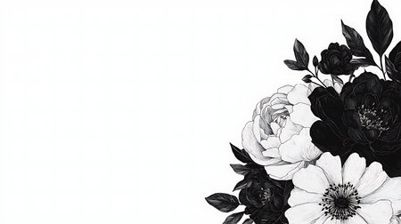 Black and white peony flowers bouquet isolated on white background. Hand drawn vector illustration.の素材
