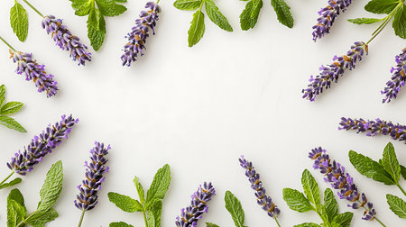 Lavender flowers and mint leaves on white background. Flat lay, top view.の素材