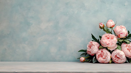 Bouquet of peony flowers on a blue wall background with copy spaceの素材
