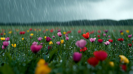 Rainy day in the spring field with tulips and raindropsの素材