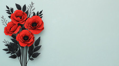 Flowers composition. Red poppy flowers on blue background. Flat lay, top view, copy spaceの素材