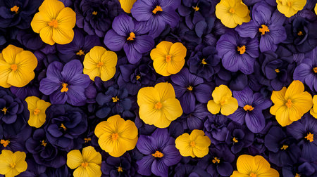 Flowers background. Colorful pansy flowers. Top view.の素材