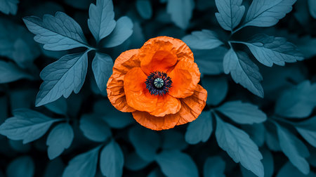 Red poppy flower on green leaves background. Flat lay, top viewの素材