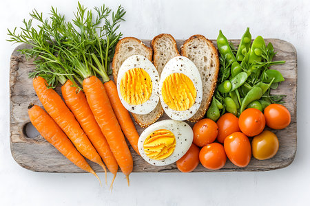 Healthy breakfast. Boiled egg, carrot and bread on white wooden backgroundの素材
