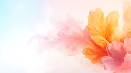 Beautiful pink and yellow hibiscus flowers on blue sky backgroundの素材