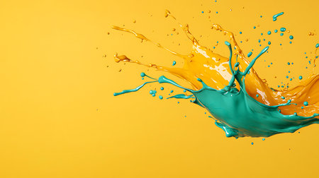 Colored paint splashing isolated on yellow background. 3d renderingの素材