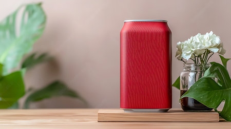 Red soda can on wooden table with plant. 3d rendering.の素材