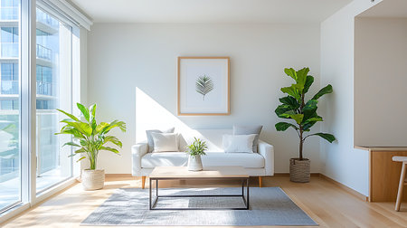 Interior of modern living room with white sofa and plants. 3d renderの素材