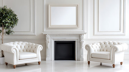 Luxury white armchairs in classic interior with fireplace. 3d renderの素材