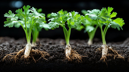 Celery seedlings growing in soil on black background, closeupの素材