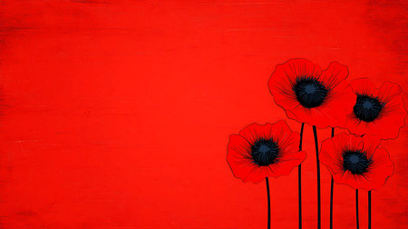 Red poppies on a red wooden background with space for textの素材