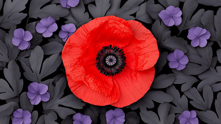 poppy flower and leaves on black background. 3d illustration.の素材
