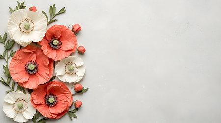 Beautiful poppy flowers on grey background, flat lay. Space for textの素材
