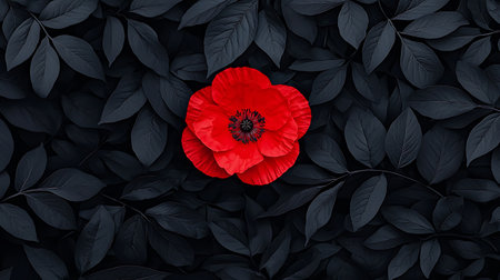 Red poppy flowers on black leaves background. Flat lay, top viewの素材