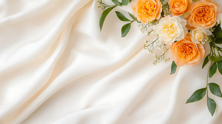 Beautiful orange roses on white silk fabric background with copy space.の素材